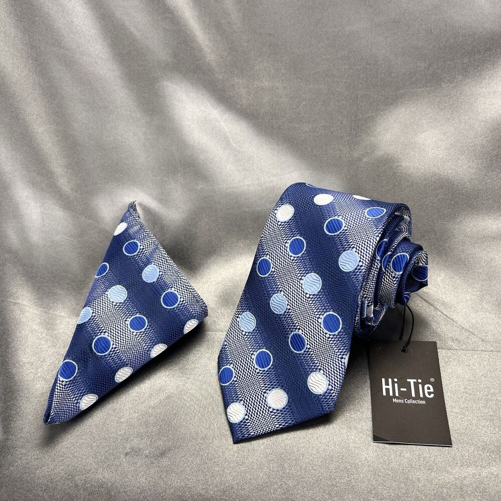 Hi-Tie Men’s 100% Silk Tie Handkerchief‎ Set Geometric Blue Silver Wedding Prom